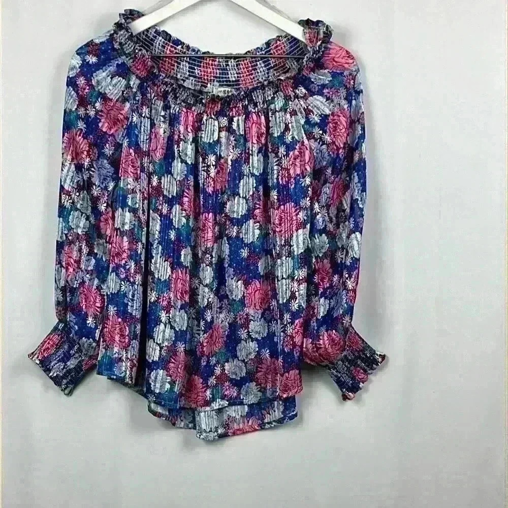 Umgee Womens Peasant Boho Top Blue Pink Silver M Off Shoulder Smocking Sparkly